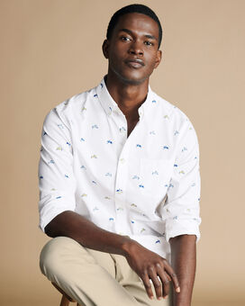 Button-Down Collar Non-Iron Stretch Hare Print Shirt - White Multi