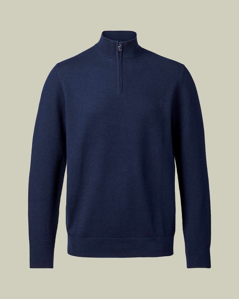 Pure Merino Textured Zip Neck Jumper - Navy