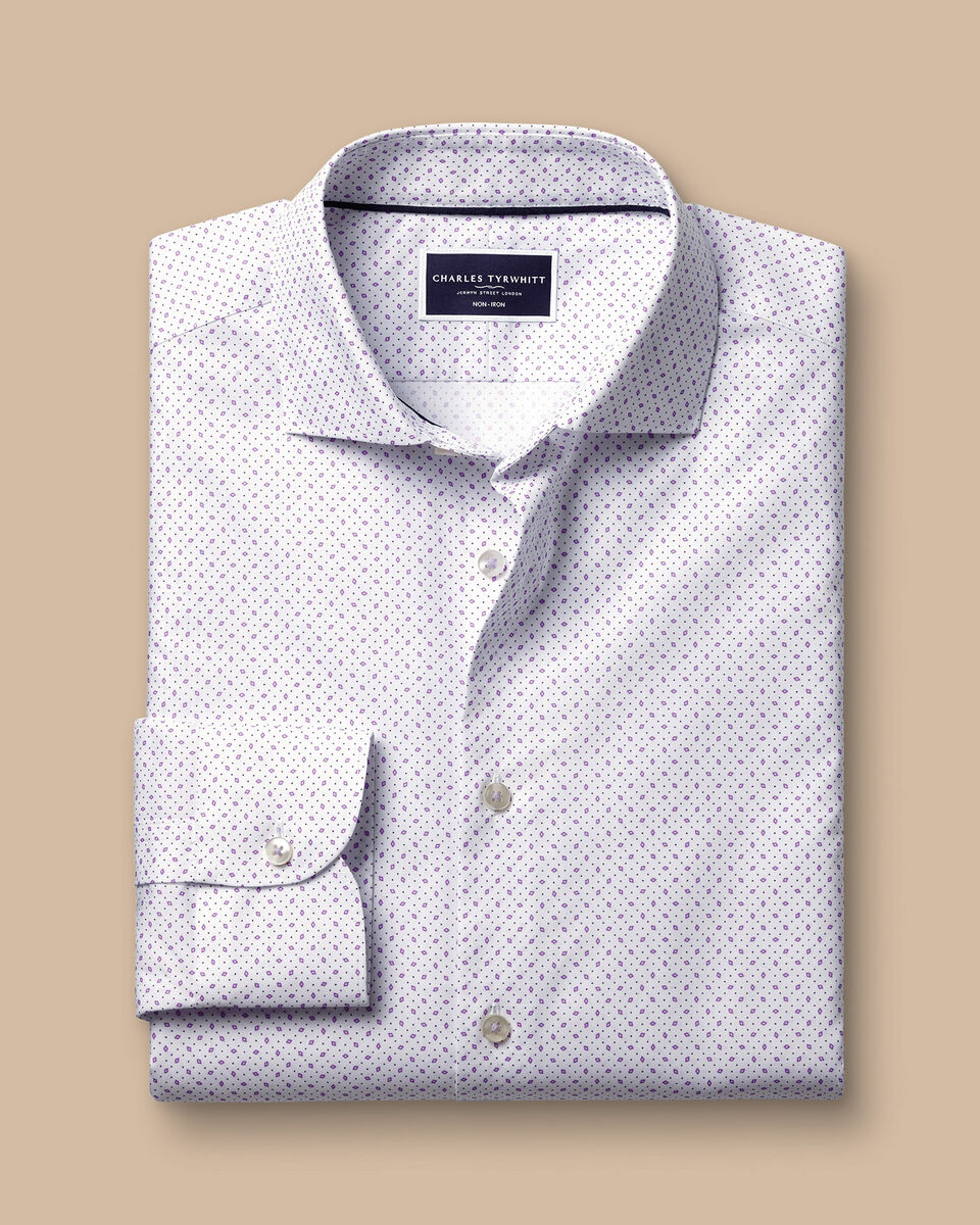 Semi-Cutaway Collar Non-Iron Diamond Print Shirt - White & Lilac Purple ...