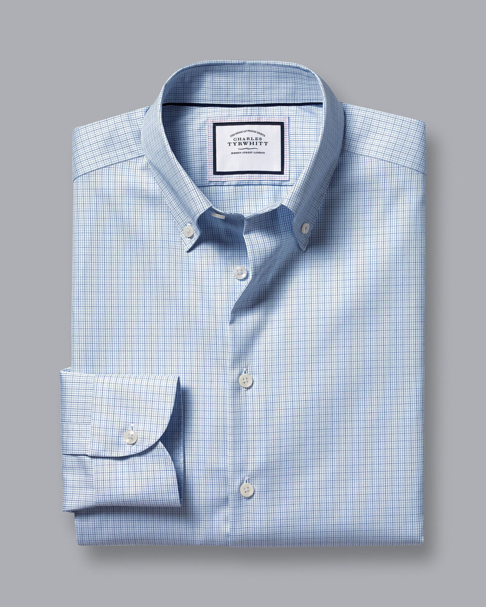 Button-Down Collar Non-Iron Check Shirt - Sky Blue | Charles Tyrwhitt