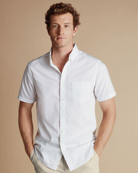 Button-Down Collar Stretch Spot Print Short Sleeve Shirt  - White & Sky Blue