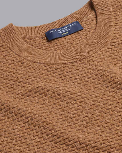 Cotton Merino Textured Crew Neck Sweater - Camel