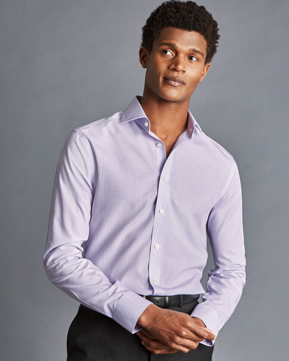 Cutaway Collar Non-Iron Double Check Shirt - Lilac Purple | Charles ...