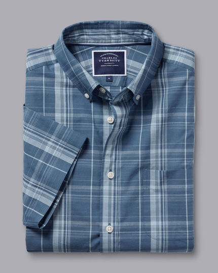 Button-Down Collar Non-Iron Stretch Poplin Slub Multi Check Short Sleeve Shirt - Steel Blue