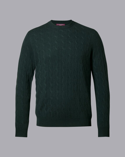 Cashmere Cable Knit Crew Neck Jumper - Forest Green