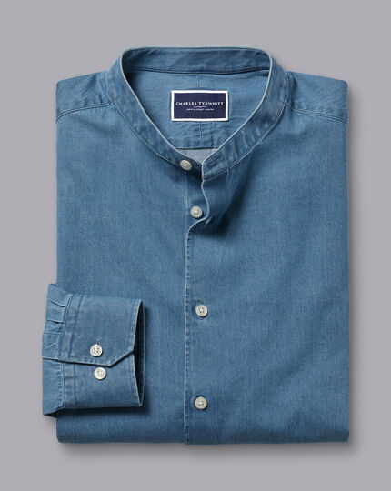 Collarless Denim Shirt - Ocean Blue