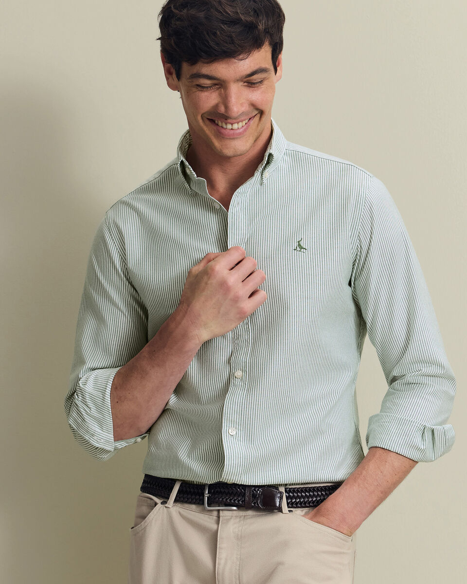 Button-Down Stretch Washed Stripe Oxford Shirt - Green