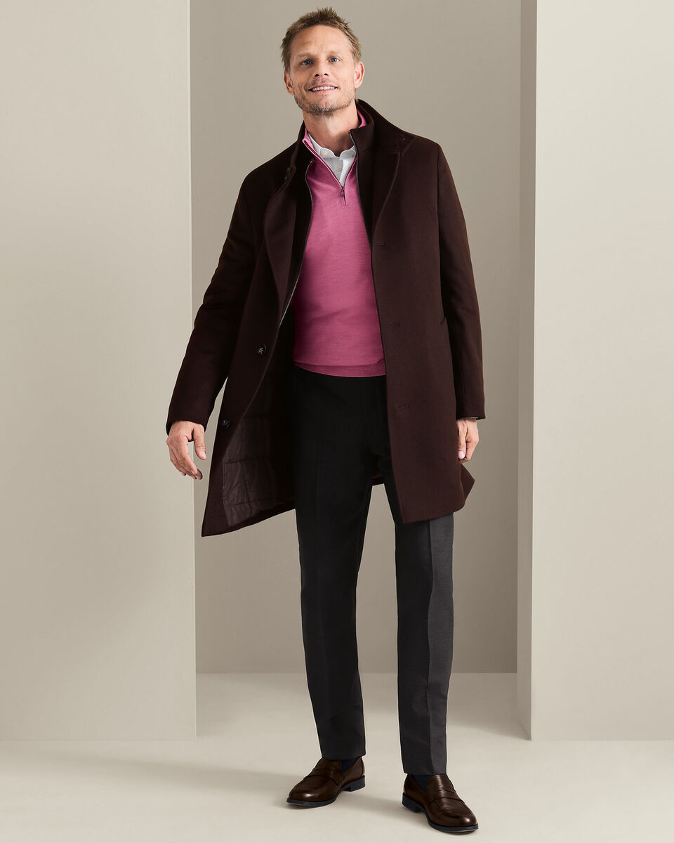 Fine Merino Wool Funnel Neck Overcoat - Chocolate