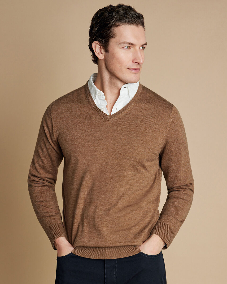Merino V-Neck Jumper Sand Charles Tyrwhitt