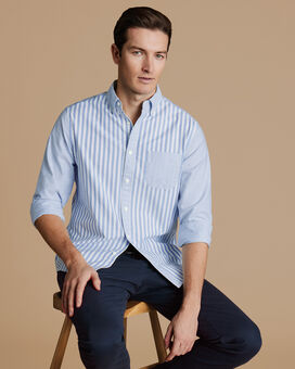 Button-Down Collar Stretch Washed Oxford Stripe Patchwork Shirt - Ocean Blue