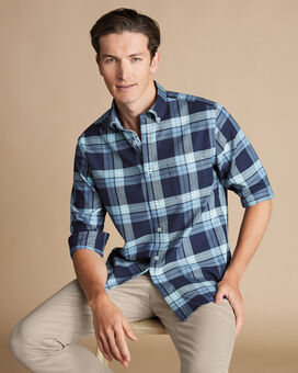 Bügelfreies Twill-Hemd mit Button-down-Kragen und großen Karos - Jeansblau