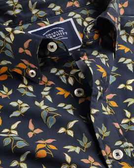 Button-Down Collar Non-Iron Stretch Poplin Multi Leaf Print Short Sleeve Shirt - Navy