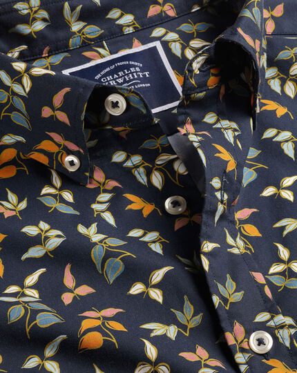 Bügelfreies Stretch-Kurzarmhemd aus Popeline mit Button-down-Kragen und buntem Blattmuster - Marineblau