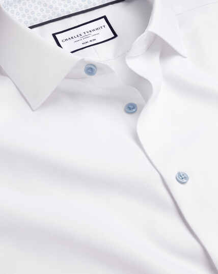 Semi-Spread Collar Twill Shirt with Printed Trim - White