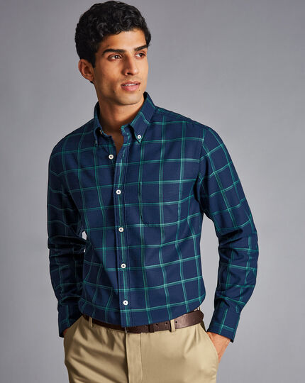 Button-Down Collar Non-Iron Twill Windowpane Check Shirt - Navy & Green