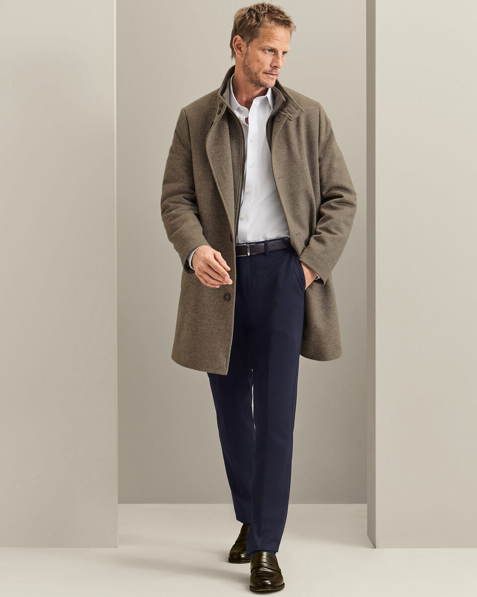 Manteau long &agrave; col chemin&eacute;e en laine m&eacute;rinos fine - Gr&egrave;ge