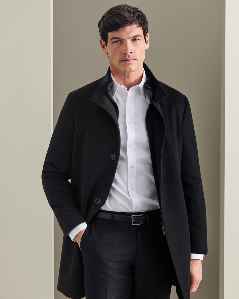 Fine Merino Wool Funnel Neck Overcoat - Black