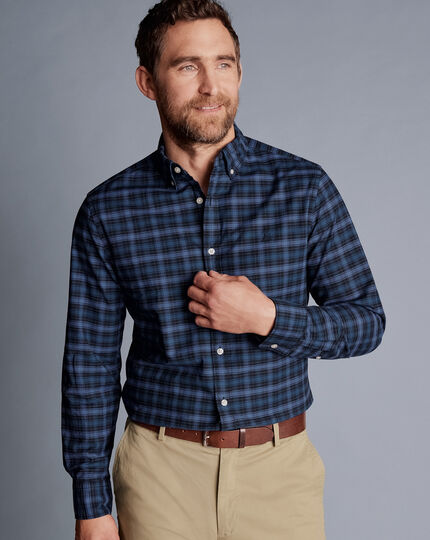 Vorgewaschenes Oxfordhemd mit Button-down-Kragen und Karos - Indigoblau