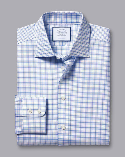 Semi-Spread Collar Egyptian Cotton Twill Double Check Shirt - Ocean Blue
