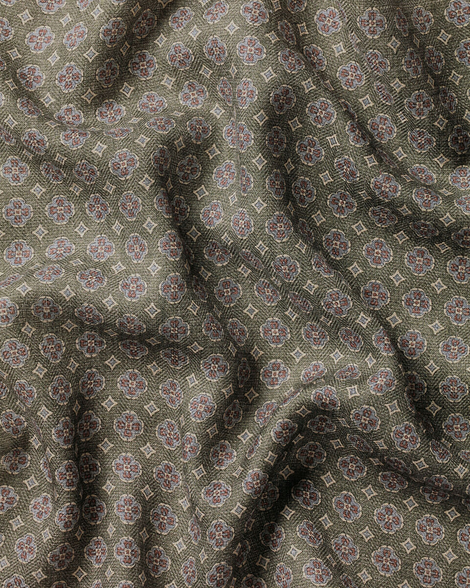 Silk Wool Medallion Print Pocket Square - Olive Green
