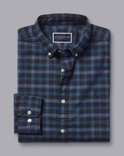 Button-Down Collar Washed Oxford Check Shirt - Indigo Blue | Charles ...