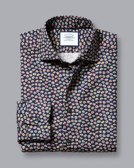 Made with Liberty Fabric Daisy Print Semi-Cutaway Collar Shirt - Navy