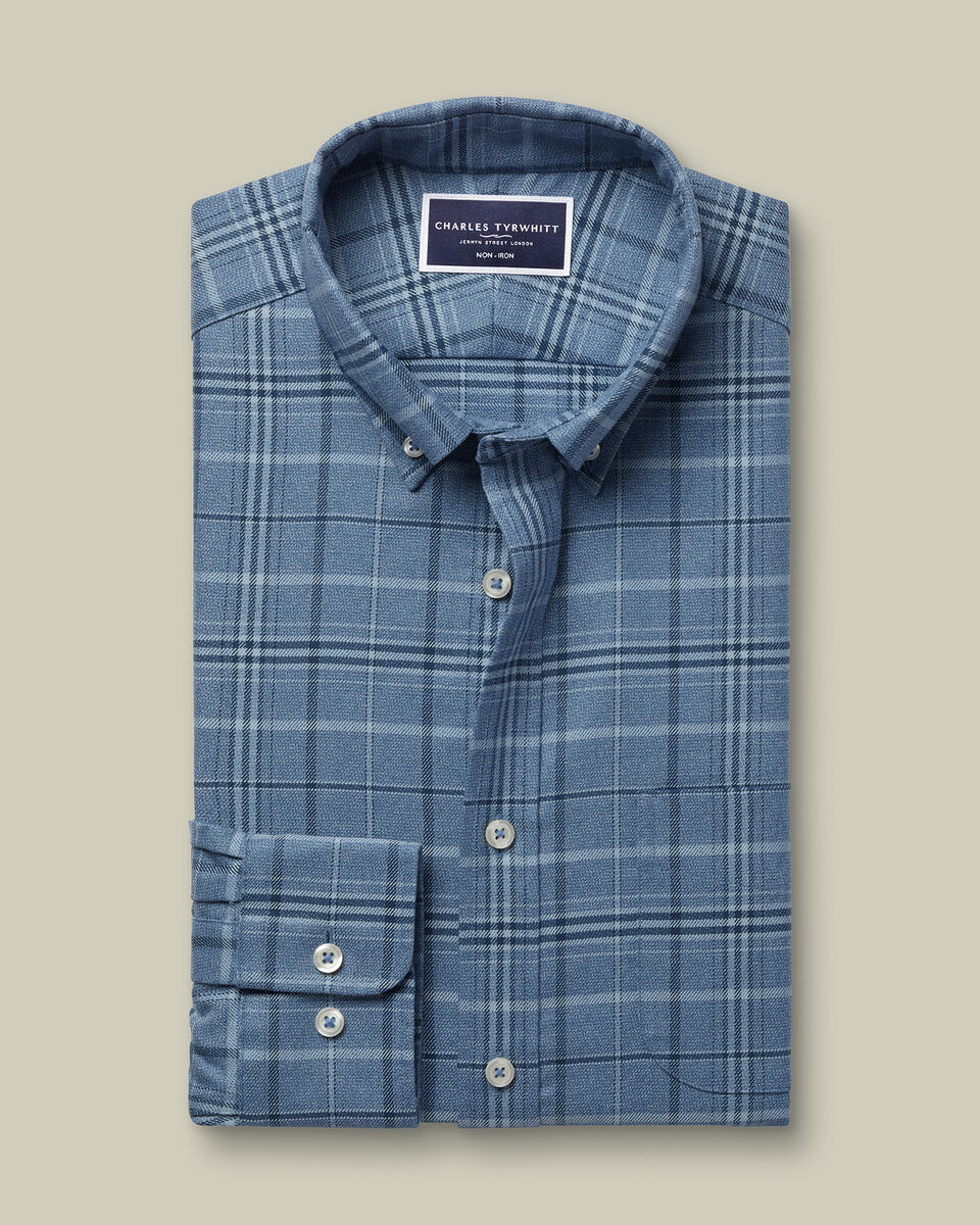 Chemise en serg&eacute; &agrave; carreaux &eacute;cossais sans repassage - Bleu indigo