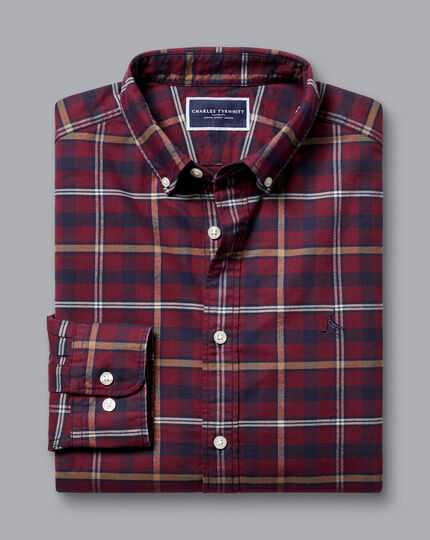 Button-Down Collar Brushed Washed Oxford Check Shirt - Dark Red