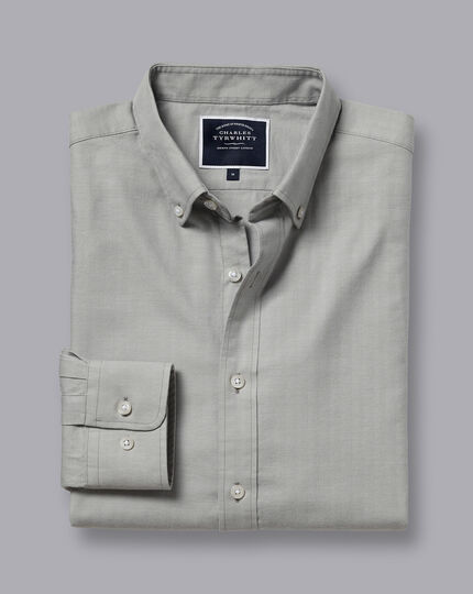 Button-Down Collar Chambray Herringbone Shirt - Light Grey