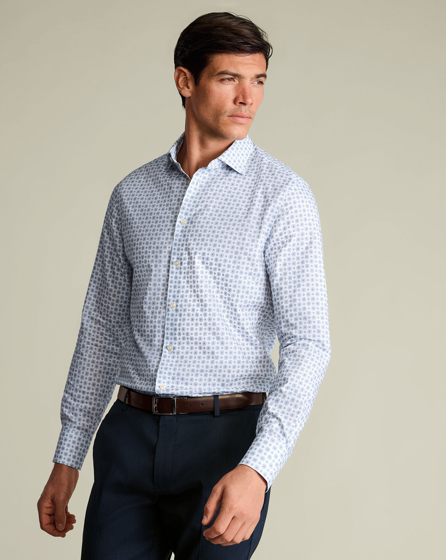 Non-Iron Stretch Print Shirt – White & Blue