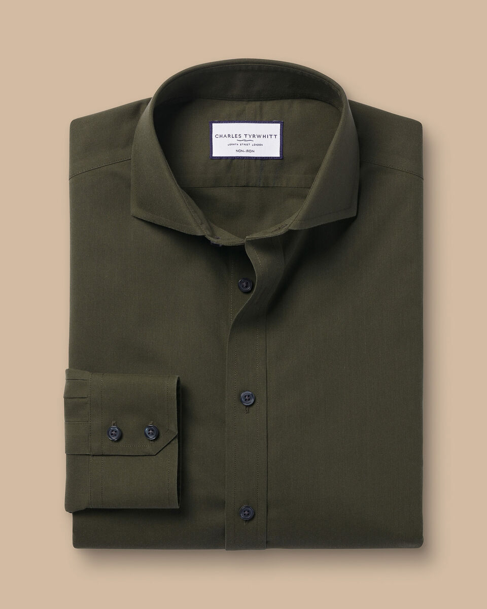 Cutaway Collar Non-Iron Poplin Shirt - Olive Green | Charles Tyrwhitt