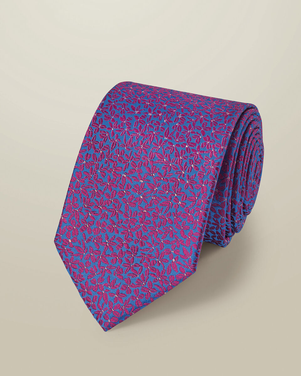 Silk Floral Tie - Cornflower Blue & Pink