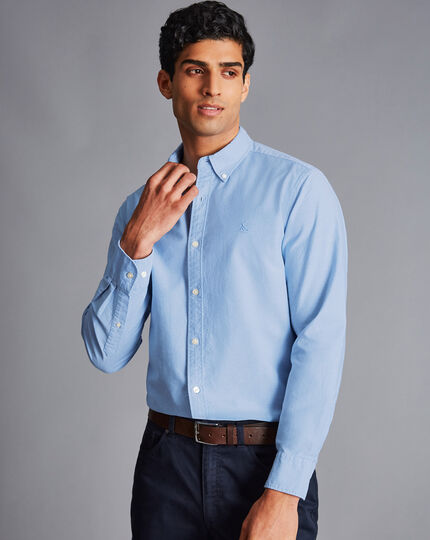 Vorgewaschenes Oxfordhemd mit Button-down-Kragen - Himmelblau