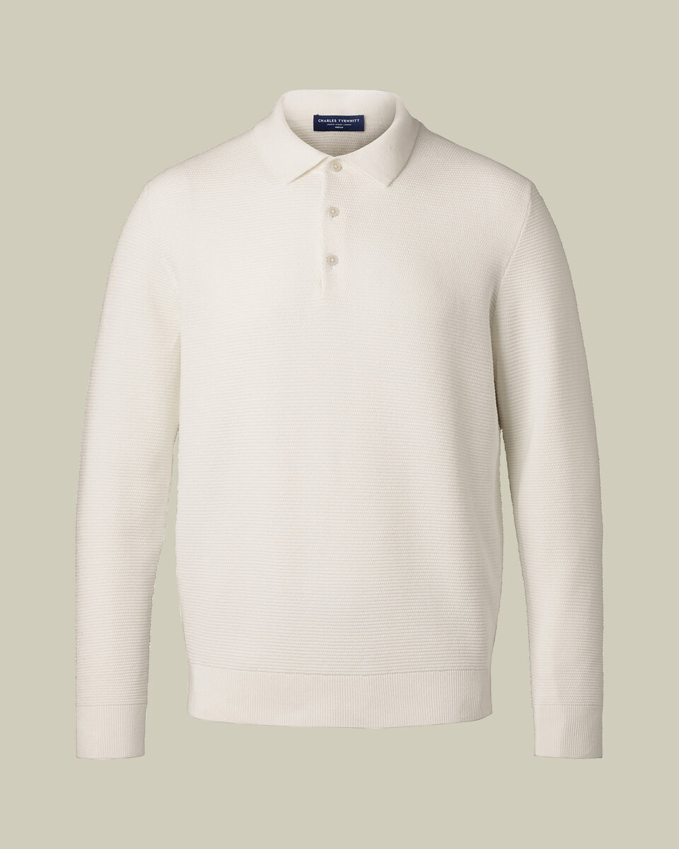 Long Sleeve Cotton Textured Knitted Polo - Cream