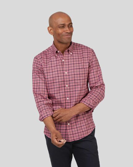 Button-Down Collar Non-Iron Twill Overcheck Shirt - Coral & Navy