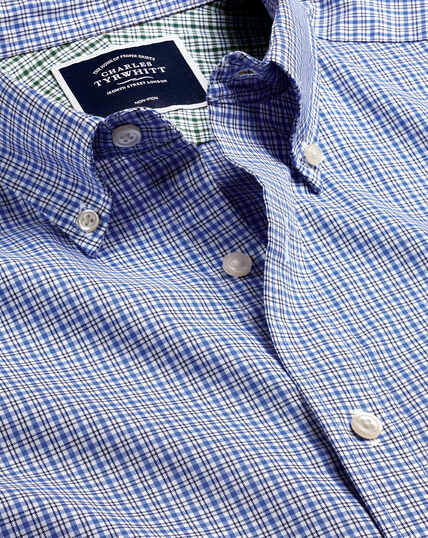 Bügelfreies Oxfordhemd aus Stretchgewebe mit Button-down-Kragen und Karos - Blau