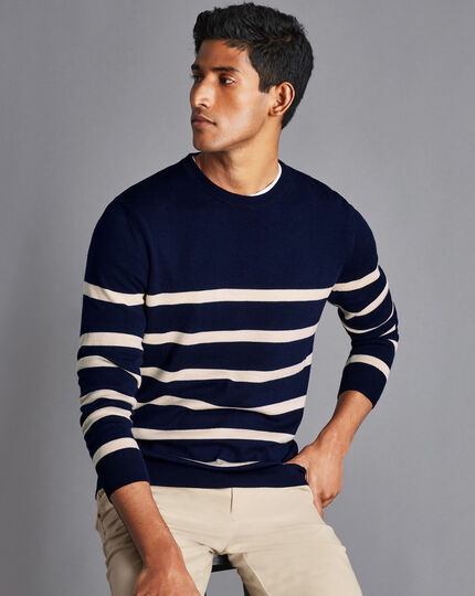 Merino Crew Neck Striped Sweater - Navy & Stone
