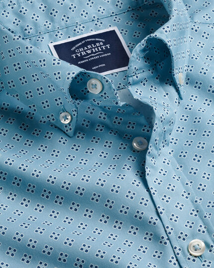 Button-Down Collar Non-Iron Stretch Poplin Diamond Print Short Sleeve Shirt - Aqua Green