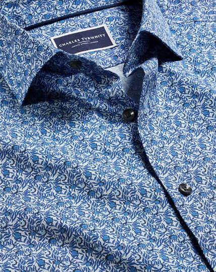 Made With Liberty Fabric Berry Print Semi-Cutaway Collar Shirt - Indigo Blue