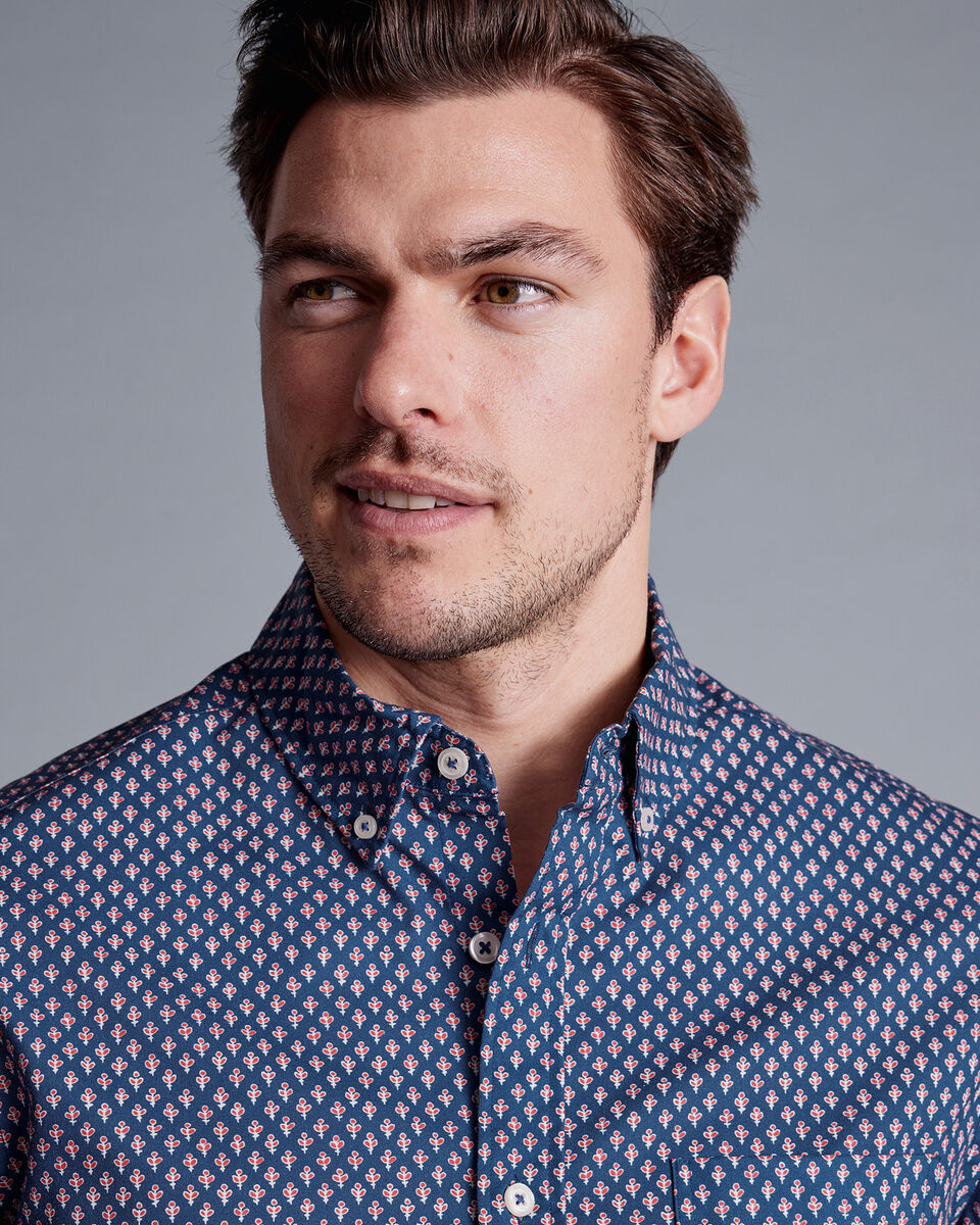 ButtonDown Collar NonIron Stretch Poplin Leaf Print Shirt Royal Blue Charles Tyrwhitt
