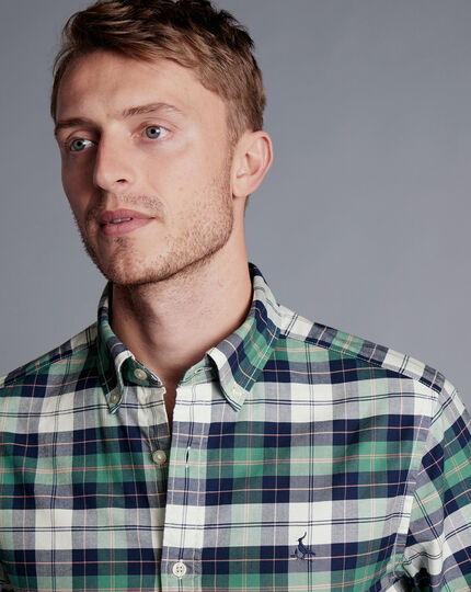 Button-Down Collar Washed Oxford Check Shirt - Teal Green