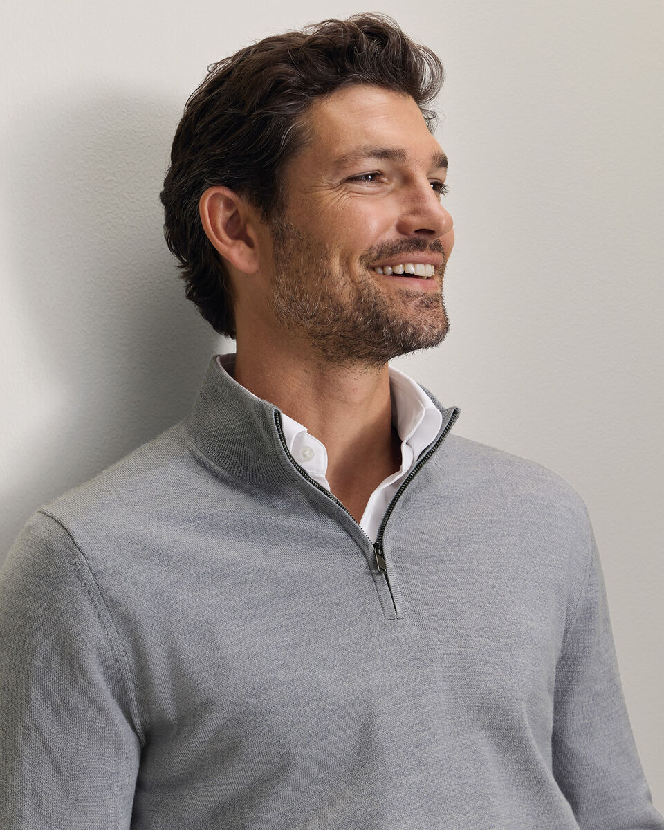 Pure Merino Quarter Zip Sweater - Light Gray