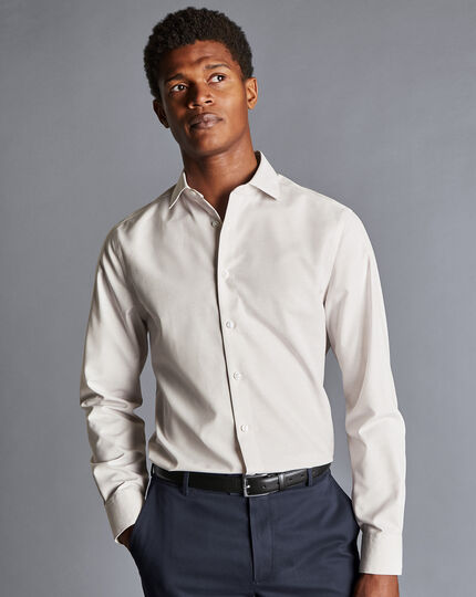 Semi-Cutaway Collar Non-Iron Cotton Linen Stripe Shirt - Stone