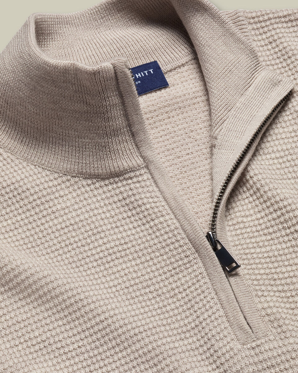 Pure Merino Textured Zip Neck Sweater - Limestone