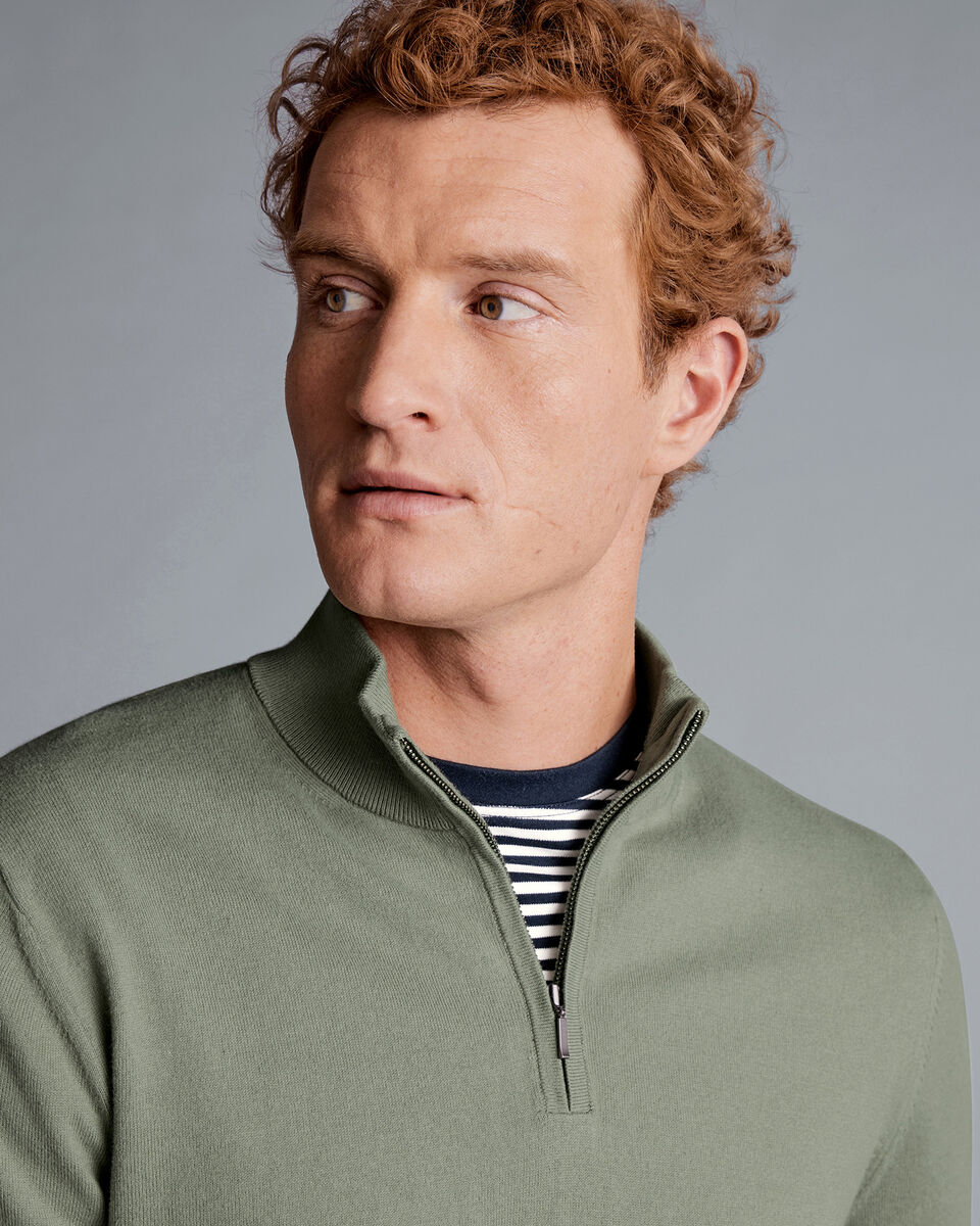 Combed Cotton Zip Neck Jumper Sage Green Charles Tyrwhitt
