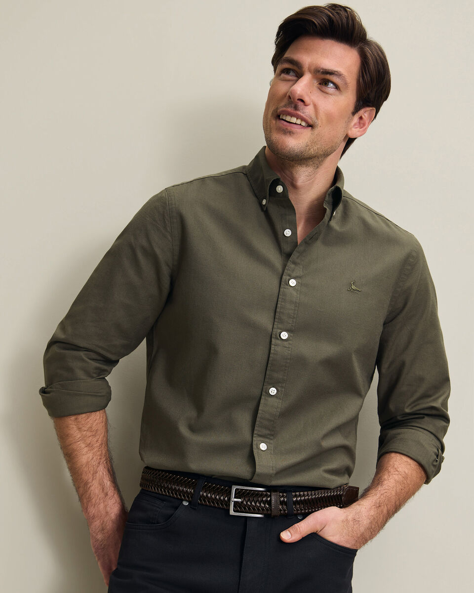Button-Down Stretch Washed Oxford Shirt - Olive Green