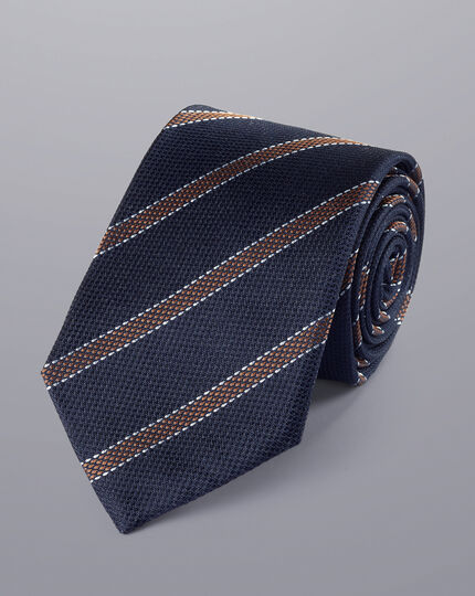 Silk Stripe Tie - French Blue & Camel