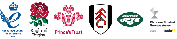 Our partners The Queen's Awards for Enterprise 2016, England Rugby, Prince's Trust, Fulham Football Club, New York Jets American Football Club, Feefo Platinum Trusted Service Award 