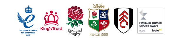 Our partners The Queen's Awards for Enterprise 2016, England Rugby, King's Trust, Fulham Football Club, New York Jets American Football Club, Feefo Platinum Trusted Service Award 