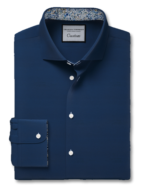Navy stretch twill custom shirt with cobalt blue liberty print inner collar detail